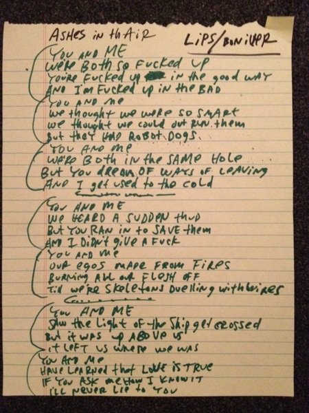 Ashes in Air lyric sheet